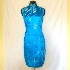 Double Peach Blue Floral Embroidered Traditional Chinese Dress Cheongsam Qipao